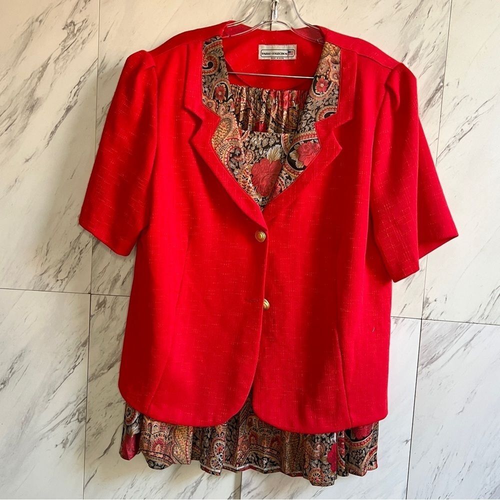 Vintage 80s 90s Pablo Collection Short Sleeve Red Paisley Midi Skirt Suit Set 16 - Picture 2 of 8